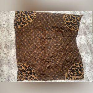 Louis Vuitton Square Scarf Monogram Leopard Pattern Silk Brown